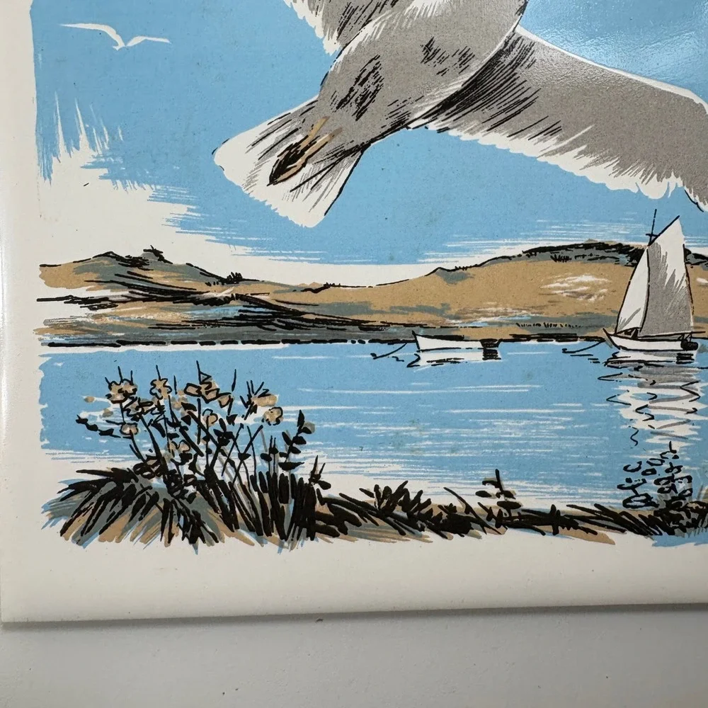 Screen Craft Hand Decorated Ceramics‎ Seagull Sailboat Lake Scene Tile Wall Art